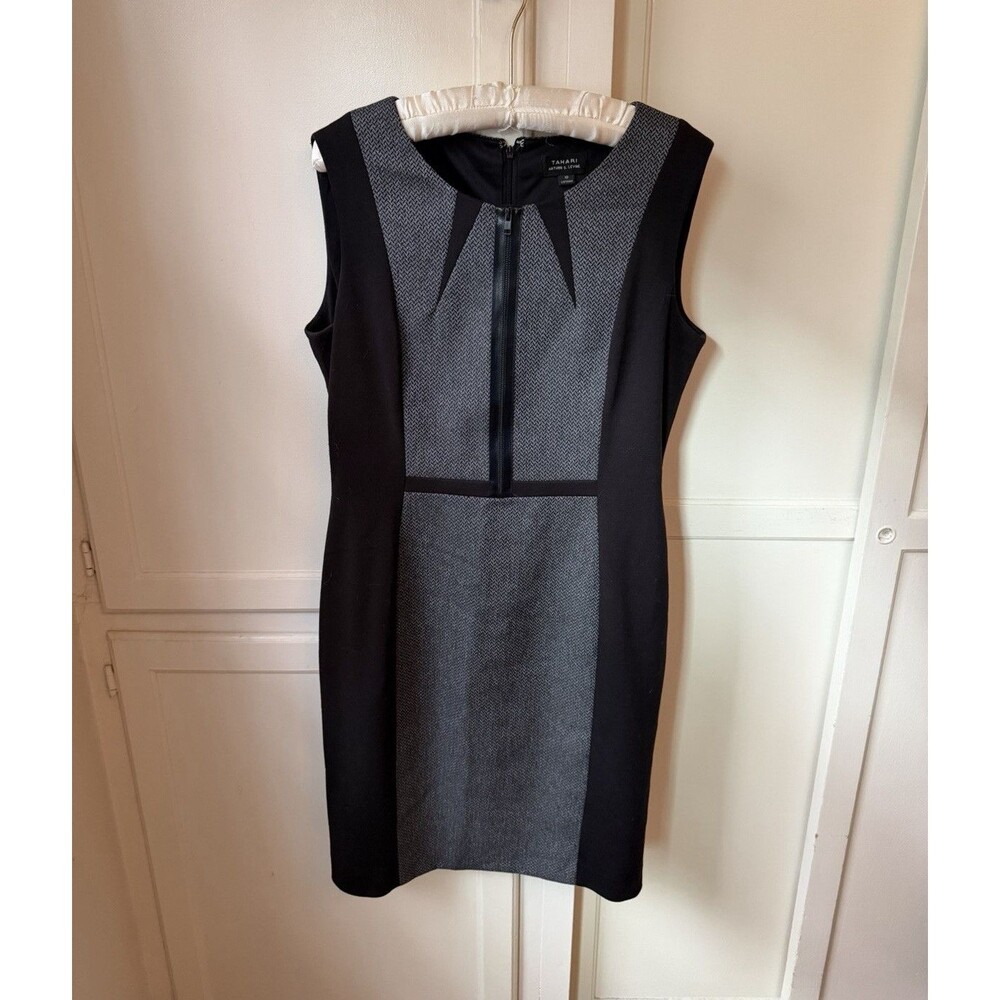 Tahari Arthur S Levine Black Gray Herringbone Zip Sheath Dress - Size 10